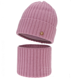 Czapka i komin z wełny merino 100%, komplet zimowy, Navira, wrzosowy, 54-56 cm