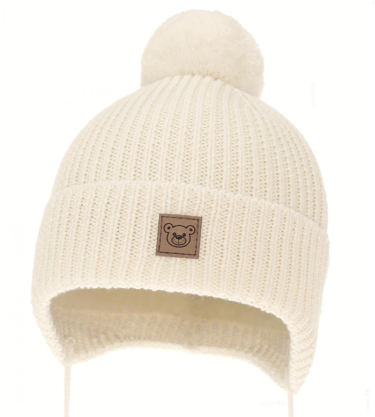 Czapka merino zimowa dla chłopca, podszewka merino, Fotik, kremowa, 44-47 cm