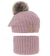 Beret zimowy i komin dla dziewczynki, Lopezja, wrzosowy jasny, 52-54 cm