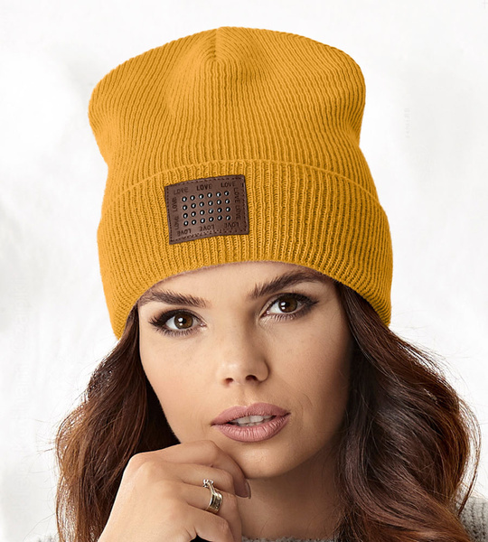 Damska, młodzieżowa czapka Frida, prążek, miodowy, 56-62 cm