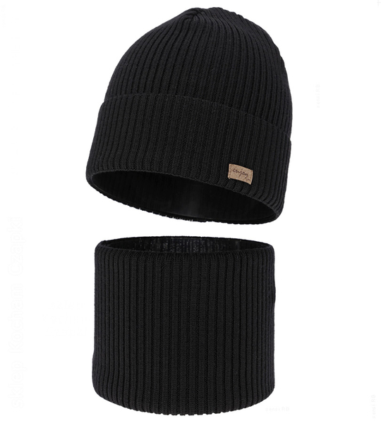 Czapka i komin dla chłopca, jesienny/wiosenny komplet, 100% wełna merino, Tinros, czarny, 52-54 cm