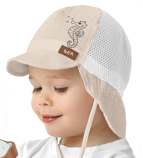 Czapka chłopięca na lato z muślinu i bawełny ażurowej, Kidiain, beżowa, 46-48 cm