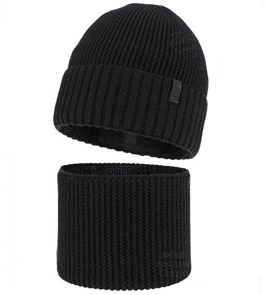 Czapka młodzieżowa i komin dla chłopca z wełny merino 100%, Rahian, czarny, 56-58 cm