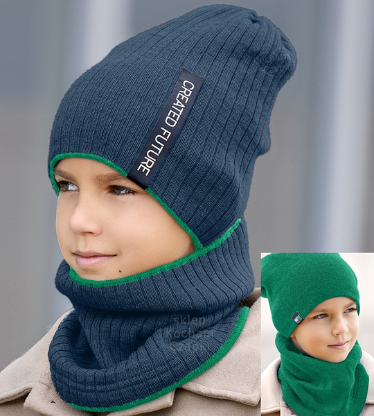 Zimowa czapka i komin, sportowy komplet dla chłopca, Creation, dwustronny, niebieski + zielony, 50-55 cm