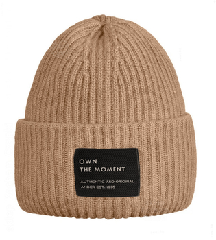 Czapka wełniana damska, merino i kaszmir, gruba, ciepła, z naszywką, Puro, karmelowa, 55-57 cm