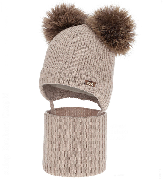 Czapka i komin dla chłopca, komplet 100% merino, podszewka z wełny merino, Mullio, beżowy, 48-50 cm