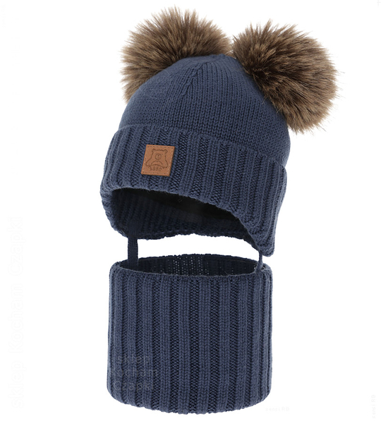Czapka i komin dla chłopca, wełniany komplet 100% merino, Noovik, ciemny niebieski, 42-45 cm