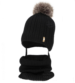Czapka zimowa i komin z wełną merino, dla dziewczynki, Anmunda, czarny, 48-50 cm