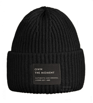 Czapka wełniana damska, merino i kaszmir, gruba, ciepła, z naszywką, Puro, czarna, 55-57 cm