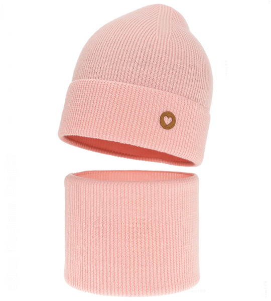 Czapka i komin dla dziewczynki, jesienny/wiosenny komplet wełniany, 100% merino, Corrie, róż pudrowy, 52-54 cm