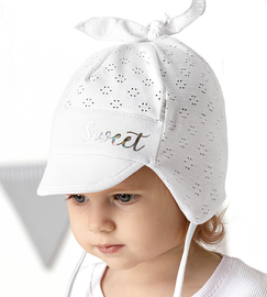 Czapka dla dziewczynki na lato, wiązana, ażurek, biała, Shirin, 41-43 cm