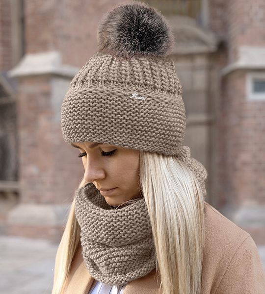 Czapka i komin damski, zimowy komplet, Mauricia, beżowy (20), 55-57 cm