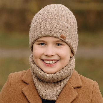 Czapka i komin dla chłopca, zimowy komplet, 100% wełniany merino, Buerto, beżowy, 55-57 cm