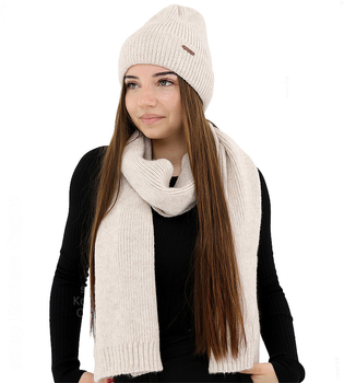 Komplet zimowy damski, czapka i szalik, z wełną merino, Alyssa, beżowy jasny (04), 56-60 cm