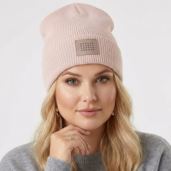 Damska, młodzieżowa czapka Frida, prążek, beżowo-różowy jasny, 56-62 cm