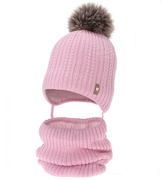 Czapka zimowa i komin z wełną merino, dla dziewczynki, Anmunda, różowy, 44-46 cm