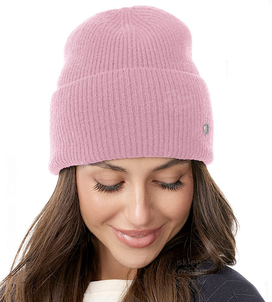  Czapka Damska z Wełny Merino, Erazma, różowa, 55-57 cm