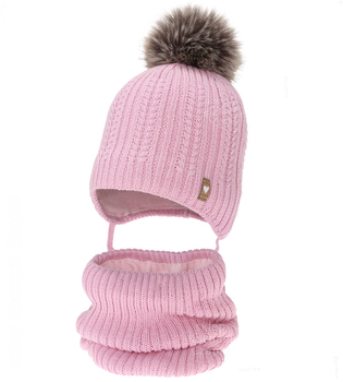 Czapka zimowa i komin z wełną merino, dla dziewczynki, Anmunda, różowy, 48-50 cm