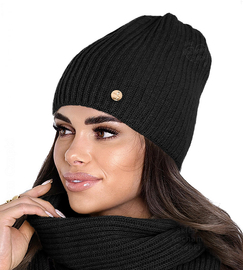 Elegancka czapka damska zimowa, wełniana, Katazi, czarna, 55-59 cm