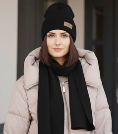Komplet jesienno-zimowy damski, czapka i szalik, Luza, czarny, 56-60 cm