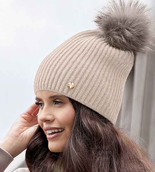 Elegancka czapka damska zimowa, wełniana, Jenova, jasny beż, 55-59 cm