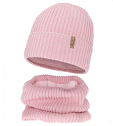 Czapka i komin dla dziewczynki, z wełną merino, Edotie, jasny róż, 53-56 cm