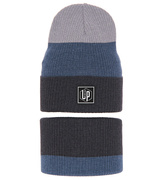 Czapka i komin dla chłopca, komplet wiosenny jesienny, grafit + niebieski, Robneo, 46-50 cm