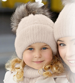 Czapka z pomponem i komin dla dziewczynki na zimę, Merlina, beżowy, 52-55 cm