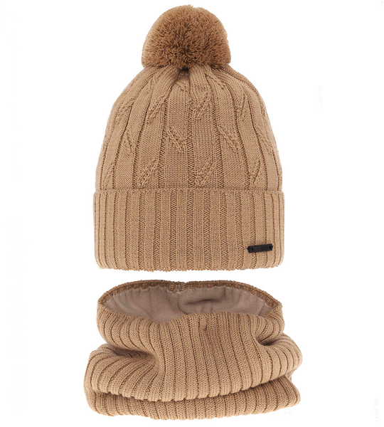 Czapka i komin merino dla chłopca, polar, Latero, kamel, 55-58 cm