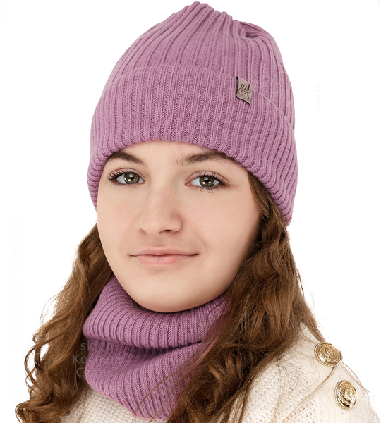 Czapka i komin dla dziewczynki, 100% merino, Temira, różowy (11), 50-52 cm
