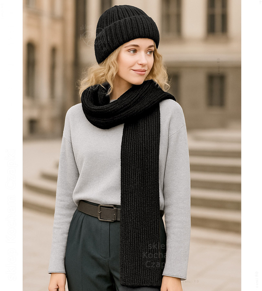 Komplet czapka i szalik,  merino 100%, Porshia, czarny, 56-58 cm