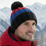 Czapka zimowa męska z pomponem i polarową podszewką, Sentido, niebiesko-czerwona, 56-59 cm