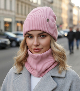 Czapka i komin dla dziewczynki, 100% merino, Temira, różowy, 53-56 cm