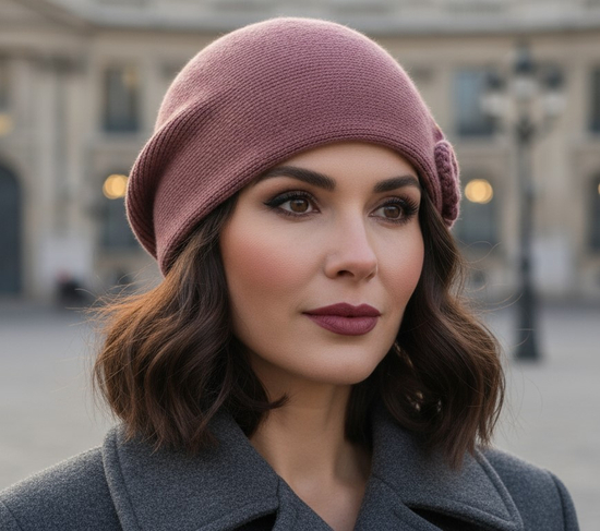 Czapka zimowa damska, beret pieczarka, Tesoni v.3, róż eozyna, 55-57 cm