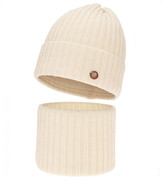 Czapka i komin z wełny merino 100%, komplet zimowy, Navira,  kremowy, 54-56 cm