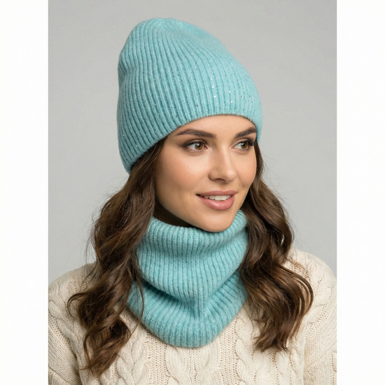 Modna czapka z cyrkoniami i komin w prążek, Xo, turkusowy, 56-58 cm