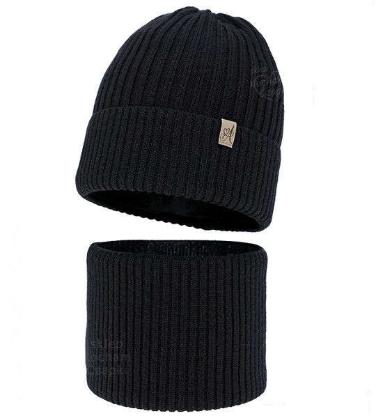 Czapka i komin dla dziewczynki, 100% merino, Temira, czarny, 50-52 cm