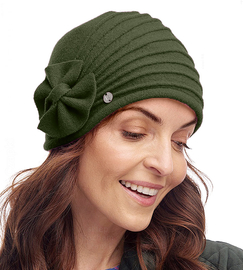 Czapka zimowa damska, asymetryczna, wełniana, elegancka, Sabien, zielona, 56-57 cm