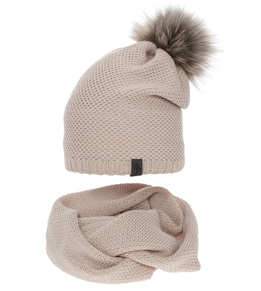 Komplet zimowy damski, czapka i komin, Lakiana, beżowy, 56-59 cm