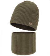 Czapka i komin dla chłopca, jesienny/wiosenny komplet, 100% wełna merino, Tinros, khaki, 52-54 cm
