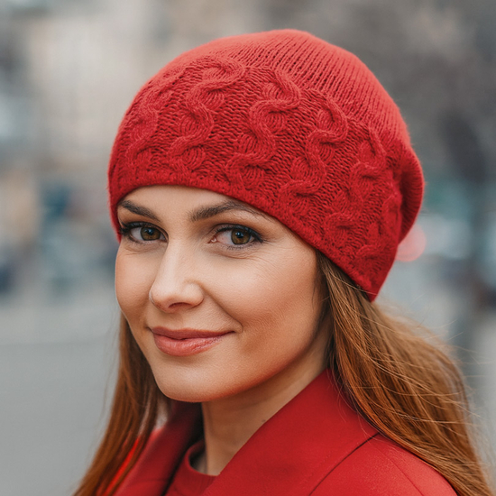 Czapka damska z wełny merino i kaszmiru, jesienna/zimowa, Elitana, czerwona, 54-56 cm