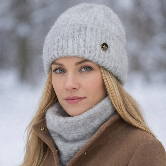 Czapka i komin damski, zimowy komplet, Eteser, szary, 55-57 cm