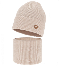 Czapka i komin dla dziewczynki, jesienny/wiosenny komplet wełniany, 100% merino, Corrie, beżowy jasny, 52-54 cm