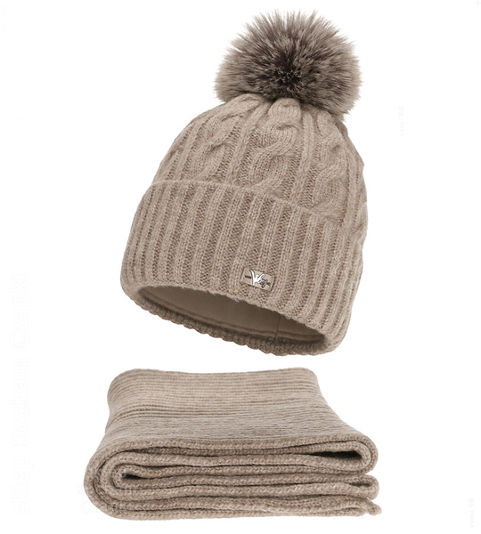 Komplet zimowy damski, czapka i szalik, Nuletta, beżowy, 56-58 cm