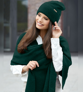 Komplet damski wełniany, czapka i szal, Berbra, zielony butelkowy, rozm. 54-56
