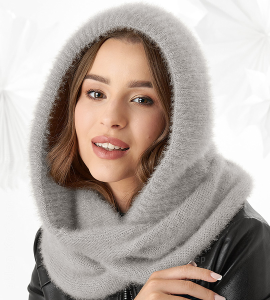 Komin z kapturem damski, kominiarka damska, Onaasi, szary jasny, 55-62 cm