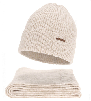 Komplet zimowy damski, czapka i szalik, z wełną merino, Alyssa, beżowy jasny (04), 56-60 cm