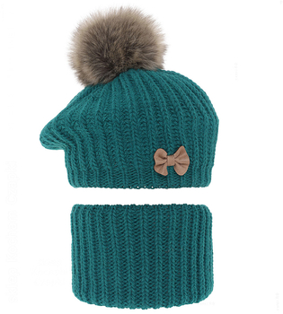 Beret zimowy i komin dla dziewczynki, Lopezja, szmaragdowy, 53-55 cm