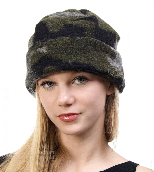 Zimowa czapka wełniana, damska, Fresha, zielona moro, 56-60 cm