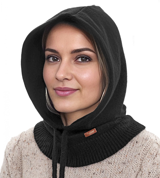 Komin z kapturem damski, kominiarka/kaptur zimowy, merino 17%, Beliza, czarny, 55-62 cm
